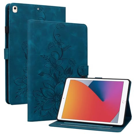 Rosbtib Custodia Cover per iPad 9.7 pollici modello 2017/2018 5/6 generazione, Slim Fit Folio Pieghevole Cover Protettiva con Slot per schede Chiusura Magnetica Cover iPad 9.7, Gigli azzurri