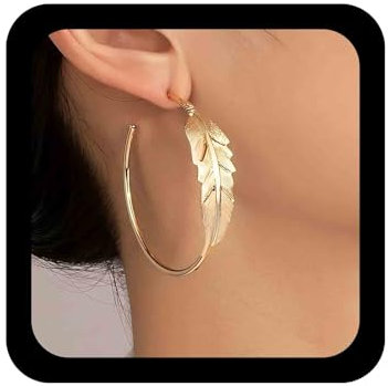 Cimenexe Böhmische Feder Kreis Baumeln Ohrringe Gold Metall Feder Tropfen Ohrringe Große Feder Reif Ohrstecker Minimalistischen Kreis Reif Ohrringe Schmuck Für Frauen