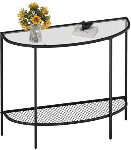 SAYGOER Table console en verre demi-lune à 2 niveaux avec cadres en métal noir, table de canapé moderne, petite table d'entrée, assemblage facile, verre transparent