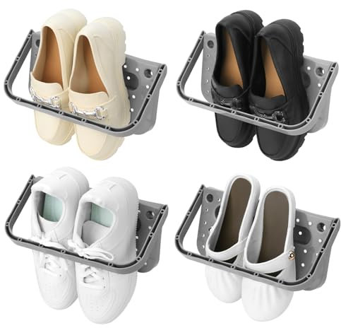 QWORK® 4Pcs Shoe Holder Foldable Set, Wall Mounted Shoe Storage, Gray No Drilling Shoe Rack