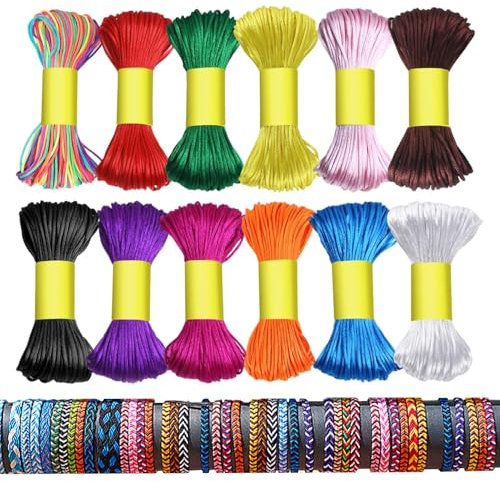 Lot de 12 cordons en satin perlés pour bracelets d'amitié, 1,5 mm, 12 couleurs de fil de nylon pour bracelets, rubans à nouer pour bijoux, collier, bracelet, string (20 m de chaque couleur)