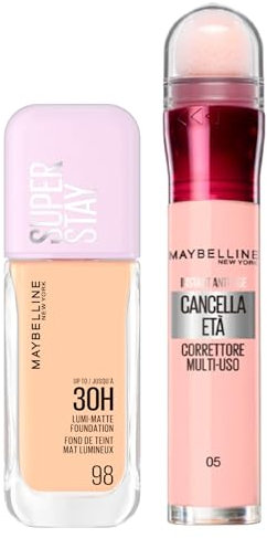 Maybelline New York Fondotinta Coprente Lunga Tenuta Superstay Lumi Matte Colore 98 da 30ml + Il Cancella Età Correttore Liquido Multiuso Colore 05 Rosa Illuminante Applicatore a Spugnetta - Set da 2
