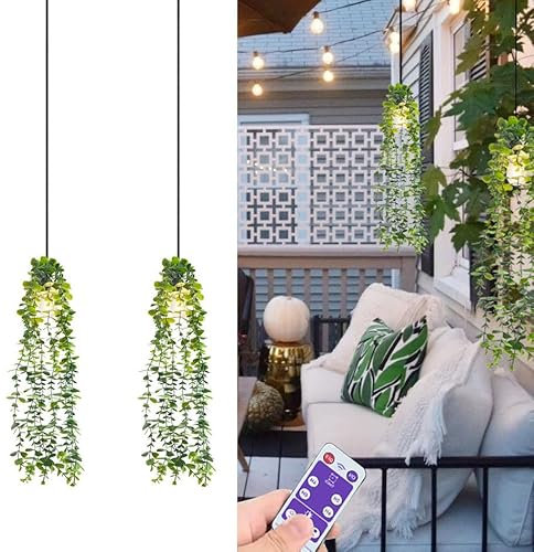 YIKEGE LICHT Solar Hängeleuchten Outdoor Hängelampe Lampen ohne Strom Hängend Beleuchtung Deckenleuchte mit Fernbedienung Wasserdichte Kunstpflanze Künstlich Hängepflanze für Garten Y Kabel 2 Licht