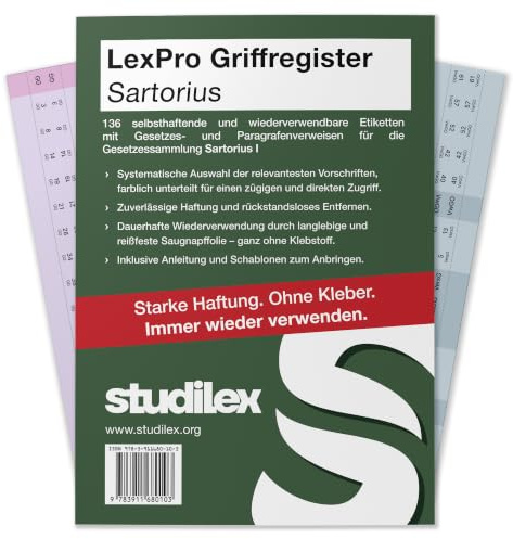 Studilex LexPro Griffregister für SARTORIUS – 136 wiederverwendbare Register-Reiter OHNE KLEBSTOFF mit Gesetzes- und Paragrafenverweisen – Register-Etiketten für Jura-Studium & Staatsexamen