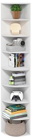 Furinno ECON Corner Shelf, 8-Tier Corner Book Shelf, Storage Shelves, Display Rack, Bookshelf, for Organization and Storage, Living Room, Home Office, White