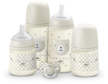 Suavinex, Set Biberones Recién Nacido, Pack Regalo con: 2 x 270 ml Flujo Medio + 2 x 150 ml Flujo Lento + Chupete de 0 a 6 Meses, Tetinas Fisiológicas SX Pro de Silicona, 5 Pcs, +0M, Wild&Free Beige