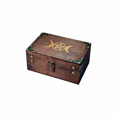vuagmiv Truhe aus Holz mit dreifacher Mondgöttin mit Pentagramm-Gravur, mit Samtfutter, Wicca-Zubehör und Werkzeugaufbewahrung, Andenken und Schmuck-Organizer