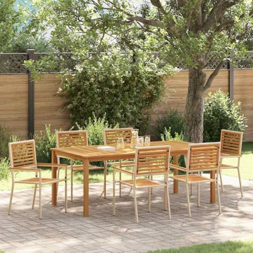 QJBSAVVA 7-Teil Beige Poly-Rattan Esstischgruppe 200×100×74 cm, stapelbar, Outdoor
