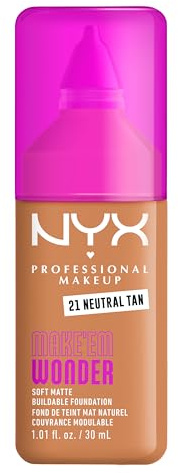 NYX Professional Makeup Make 'Em Wonder Foundation, 24H Soft Matte Aufbaubare Foundation, Mit hoher Deckkraft, Mattes Finish, 21 Neutral Tan