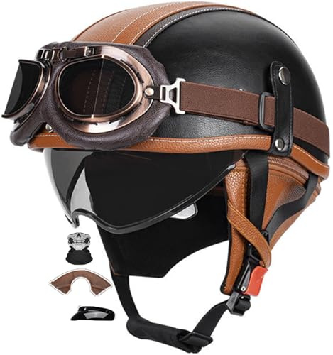 Retro Halbschalenhelm Vintage Motorradhelm Jethelme für Damen Herren Erwachsene Retro Mofa Helm DOT/ECE-Zugelassen Motorrad Halbhelme Rollerhelm Mit Schutzbrille Für Mopeds