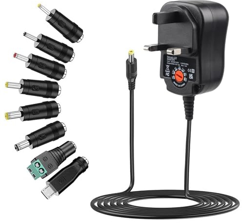 12W Universal Power Adapter 3V 4.5V 5V 6V 7.5V 9V 12V DC Power Supply | 110-240V 50/60Hz AC DC 1A Switching Adapter with 8 Selectable Tips for Routers CCTV Cameras Speakers Household Electronics