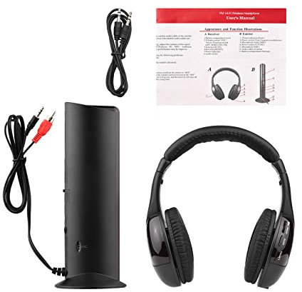 Domary Cuffie Wireless 5 in 1 Multifunzionali Hi Fi Set Trasmettitore Ricevitore Cuffie Wireless Radio FM Computer TV Monitor Cordless con Microfono per TV Ascolta