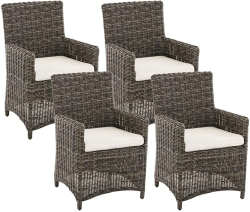 CLP Gartenstuhl 4er Set Fontana, Polyrattan Gartenstühle, Hochlehner mit Sitzkissen, Wetterfeste Garten-Sessel mit Armlehnen, Outdoor Stuhlset, Farbe:grau-meliert, Polsterfarbe:Cremeweiß