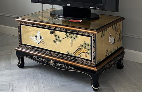 China warehouse direct Oriental Chinese Furniture Gold Leaf TV Unit Cabinet with Cranes Design