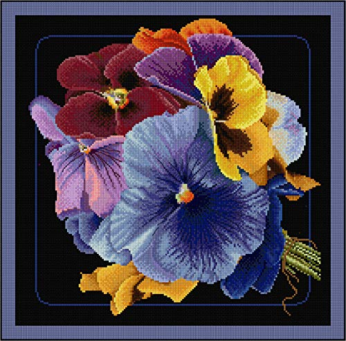 Thea Gouverneur - Pansies Counted Cross Stitch Kit - Aida Black 18 Count. 34 x 34 cm - Adult Craft Kits - Embroidery Kit for Adults - 435.05