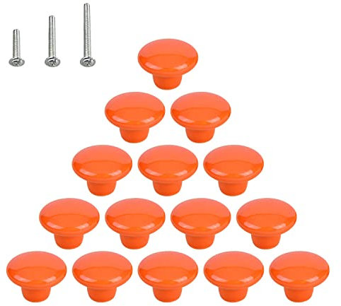 HUAMULAN 15PCS Orange Glossy Ceramic Knobs Button Round Mushroom Cabinet Dresser Vintage Pulls Door Handles Cupboard Wardrobe Drawer, Dia. 1.5 inch 38mm