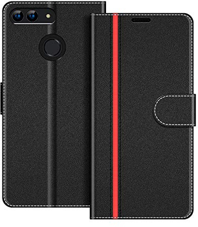COODIO Coque en Cuir pour Huawei P Smart 5.65 Pouces, Étui Housse Pochette Fonction Stand pour Huawei P Smart, Noir/Rouge