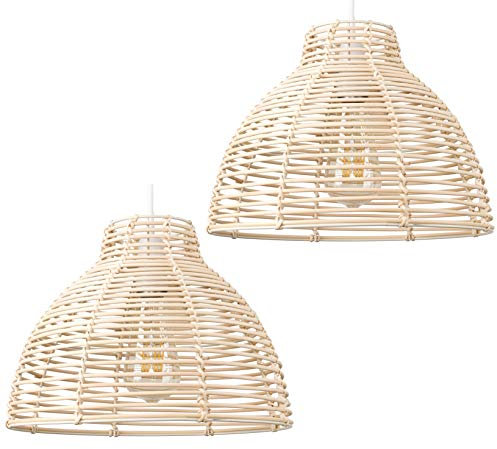 MiniSun | Modern Cream Wicker Basket Style Ceiling Light Shades | Pendant Lights, Home Décor & Improvement Essential | Set of 2 | Includes 4W LED Bulbs [2700K Warm White] | 310mm Shade Width