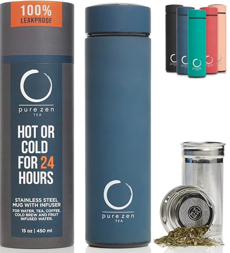 Pure Zen Tea Insulated Tea Infuser Bottle, 15 oz, Tea Thermos with Infuser