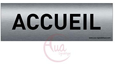 AUA SIGNALETIQUE - Plaque de porte Aluminium brossé imprimé AluSign Texte - 150x50 mm - Double Face adhésif au dos (Accueil)
