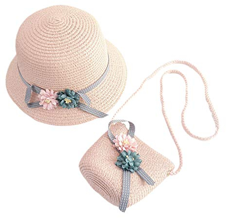 NUOBESTY Sombrero y bolsa de paja para niñas, sombrero de paja de playa, sombrero de fiesta de té, bolso para niñas de 3 a 12 años (rosa)