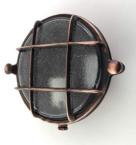 KsH und Co IP64 Kupfermattiertes Nautikschott Messing Rundleuchte mit Porzellanfassung E14