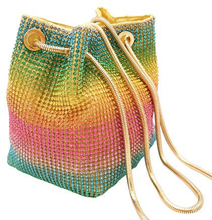 Boutique De FGG Regenbogen Clutch börsen für Frauen Eimer Abendtaschen Kristall Strass Kette Schultertaschen, Mehrere (regenbogenfarben), Small