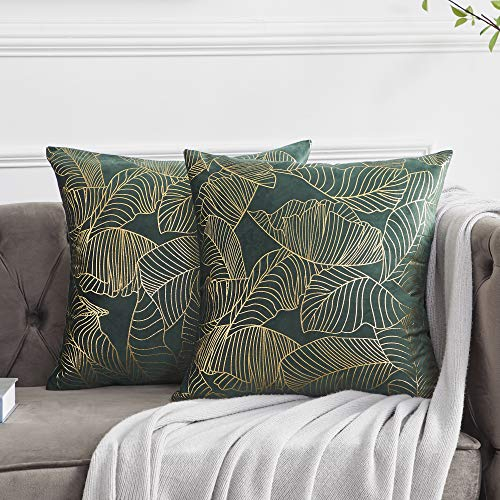 OMMATO Kissenbezug 45x45 cm Samt Gold Blätter Kissenbezüge Grün Dekorative Kissenhülle Dekokissen für Sofa Schlafzimmer Wohnzimmer 2er Set