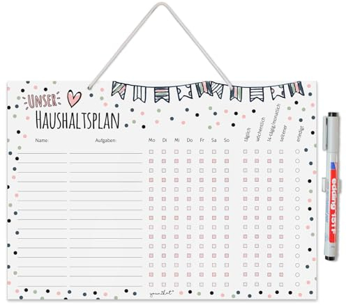 Haushaltsplan zum Aufhängen I Konfetti Design I mit Aufhängung, Stifthalter und Stift I DIN A4 I Whiteboard Putzplan abwischbar I To-Do-Liste für den Haushalt Familie WG I dv933