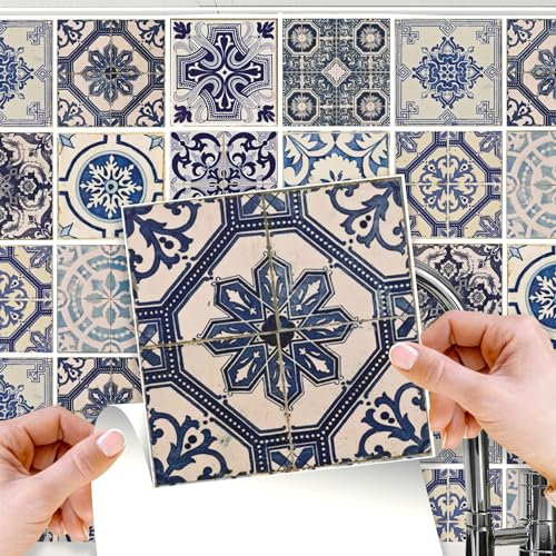 WALPLUS 48 Stück 15x15cm Malaga Spanisch Blau Wandfliesen Aufkleber Schälen und Kleben Backsplash Abziehbilder Startseite Dekore Aufkantung für Küche Badezimmer Kacheln Farbe auf Wand Wohnen Zimmer