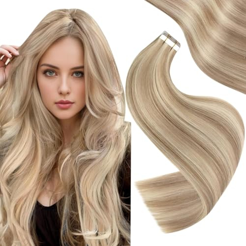Easyouth Echthaar Extensions Tape in Blond Extensions Tape Echthaar Remy Menschenhaar Aschblond Highlight Hellblond Haarverlängerungen Echthaar Tape Extensions für Frauen 55 cm 50g #P18/613