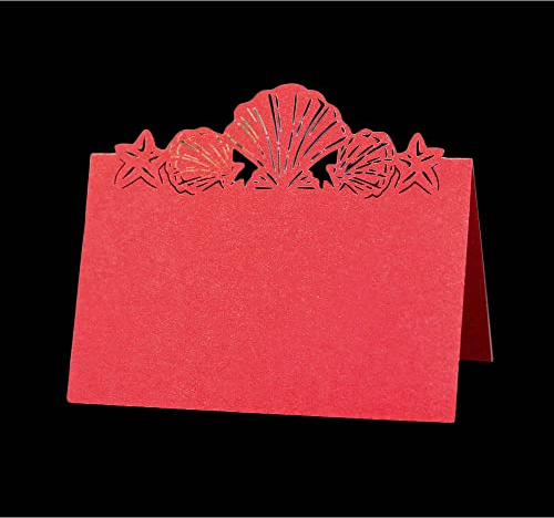 GIVBRO Tischkarte Name hohl Zelt Karte Muschel Seestern gemustert gefaltet Sitzkarte für Hochzeit Party Dekoration Rot, 10 Stück