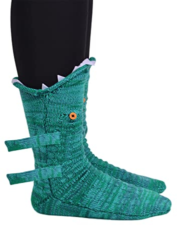 MoneRffi Unisex Strick Krokodil Socken Lustige Socken Damen Bodensocken 3D Gestrickte Tier Hai Krokodilform Socken Neuheit Geschenk Anti-Rutsch-Strick Home Warme Wintersocken(Grün)
