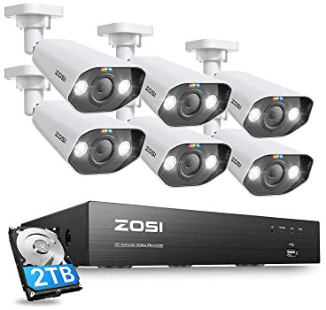 ZOSI 4K PoE CCTV Security Camera System, 8CH 8MP H.265+ NVR with 2TB Hard Drive, 6x8MP Outdoor PoE IP Cameras, 2-Way Audio, Color Night Vision, AI Human Detection, Smart Light Siren, IP66 Waterproof