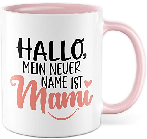Tasse Mama Geschenk, Hallo mein neuer Name ist Mami Geschenkidee werdende Mutter Kaffeetasse mit Spruch lustig Kaffee-Becher zukünftige Mama frisch Mutter Babyparty (Weiß/Pink)