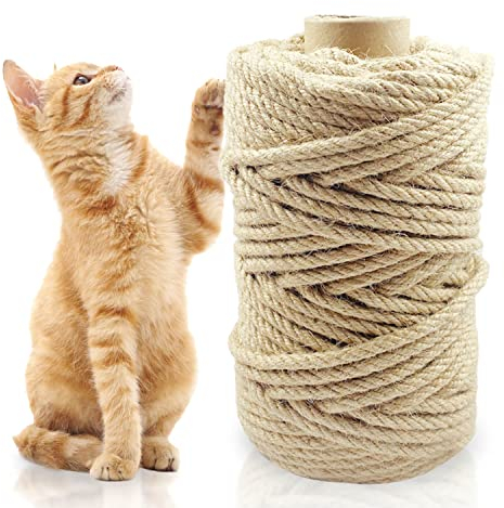 Cuerda Rascador para Gatos, 50M Cuerda Sisal, 6mm Cuerda Sisal Natural Gatos, Reutilizable Cuerda de Cañamo Adecuado para Hacer Manualidades Decoraciones Gato Trepando Arbol Alfombrillas para Gatos