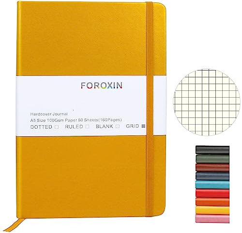 foroxin Grid Journal Bullet Notebooks for Women Men Yellow Leather Cover 8.3 x 5.7Inch 100gsm 160 Pages Large Hardcover Notebook with Fine Inner Pocket Elastic Band Closure and Ribbon Bookmark…