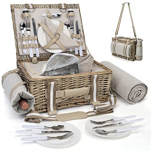 31-teiliges Picknickkorb-Set für 4 Personen mit isoliertem Einsatz und wasserdichter Decke, Weinbeutel, großer Weidenkorb, Picknickkorb für Camping, Outdoor, Geburtstag, Weihnachten für Paare