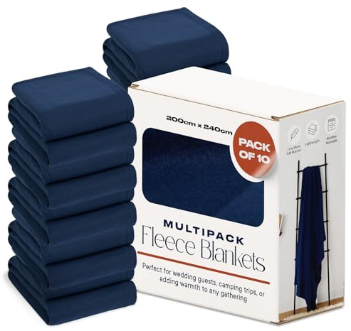 Dreamscene 10 x Plain Fleece Blankets Bulk Navy Throw, Soft Cosy Warm Throws for Sofas Bed Couch Settee Throws Wholesale Joblot Travel Garden Blanket King Size Bed Throw, 200 x 240cm