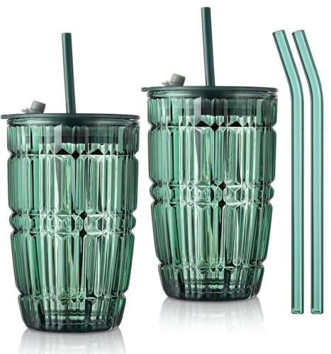 Jeoyan 430 ml Verde Vaso de Vidrio con Tapa y Pajitas,Vaso de Agua de Vidrio con Mango Acanalados,Vaso de Vidrio para Beber Batidos Jugo Boba Té,Juego de 2,Apto para Lavavajillas