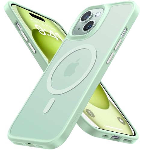 TORRAS Guardian-Mag für iPhone 15 Hülle für MagSafe (Zertifizierte Magnetkraft und Schutzkraft) Matt Samtweiche Haptik Anti-Fingerabdruck Handyhülle iPhone 15 Dünn mit DIY Knöpfen Schwarz Grün