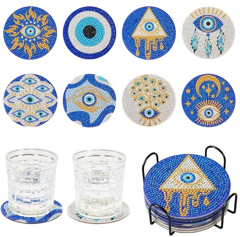 Beadthoven Lot de 8 dessous de verre 5D avec outils pour décoration de bureau Motif mauvais œil