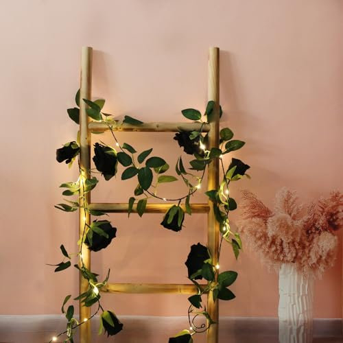 buywin Rose Garland String Lights Artificial Flower Garland with LED Light Strings, Rose Vine Lights Hanging Decor for Wedding Party Bedroom Home Window(Black)