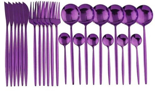 Ensemble de couverts 24 pièces 304 en acier inoxydable Couteau Fourchette Cuillère Cuillère à café Ensemble de vaisselle - Violet