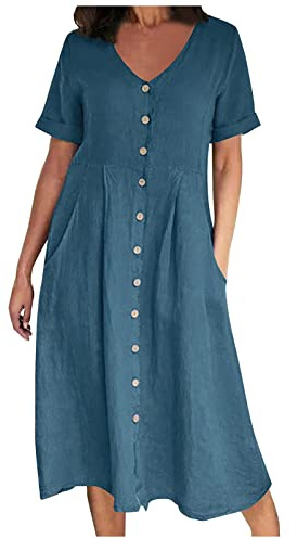 Abito estivo da donna, casual, con scollo a V, a maniche corte, tinta unita, in cotone e lino, taglie forti