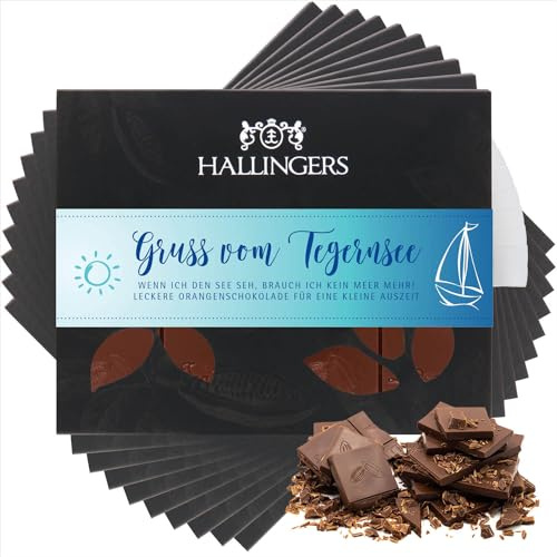 Hallingers Genuss Manufaktur Schokolade Geschenk - Tafel Edelkakao handgeschöpft ohne Alkohol edler Karton 10x Grüße vom Teger... Orange, Geschenkidee für Frauen Männer
