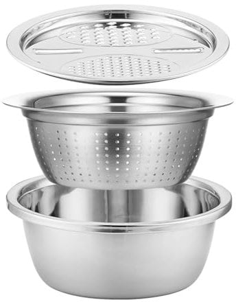 Rallador multifunción de acero inoxidable 3 en 1, cortador de juliana, colador, ensaladera, rallador de verduras de cocina de 26 cm + escurridor + placa