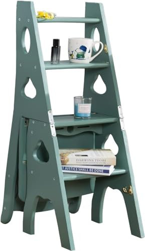 WPJBDS Ladder Chair Wooden Ladder Stool 4 Steps, Folding Stepladder Stairway Chair Multifunction Library Climb Ladder Step Stool Bookshelf For Storage And Display(Color:Green)