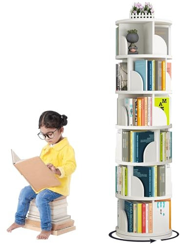 LVRUIEDS Libreria Girevole, Libreria Angolare Piccola Per Piccoli Spazi, Scaffale Per Libreria Da Terra A 4 Livelli, Scaffale Per Libri Stretto In Legno Per Camera Da Letto, Soggiorno(bianca,6 layers