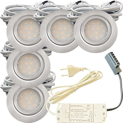 5x IP44 LED Einbauspots 12V, flach, 2,4W, 200lm, Edelstahl gebürstet, inkl. LED-Trafo, 230V Zuleitung mit Stecker, AMP Verteiler, Neutralweiß 4000K, Lochdurchmesser 54-60mm, Plug and Play.